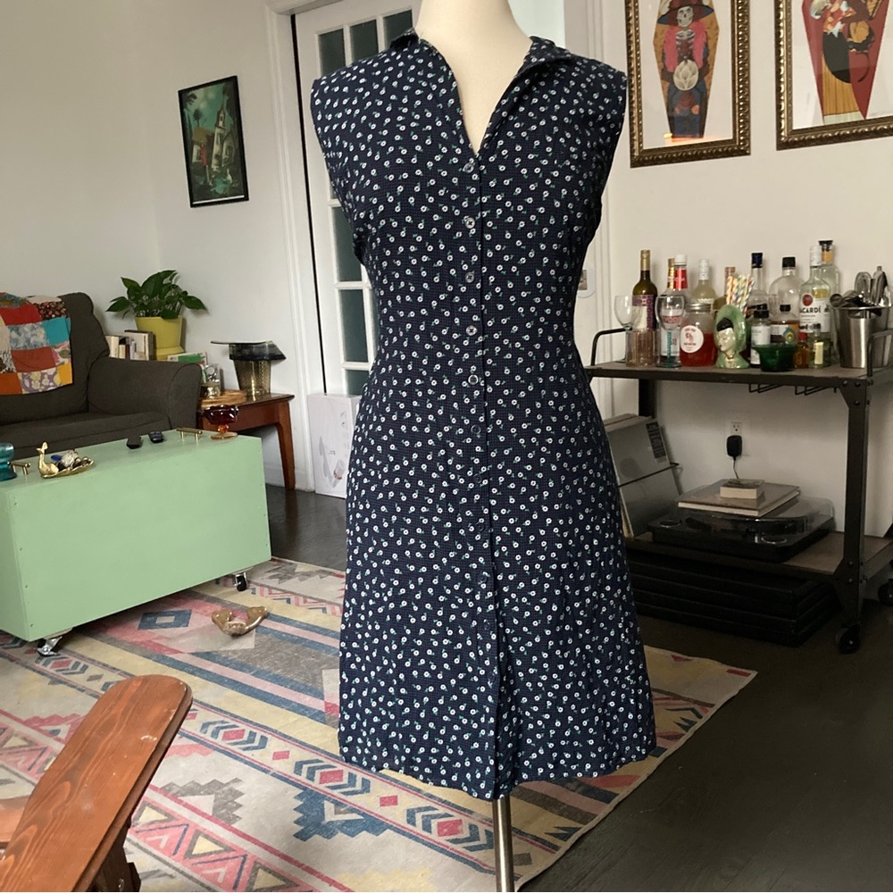 Navy ditsy floral dress with tie back, collar, buttons Modcloth